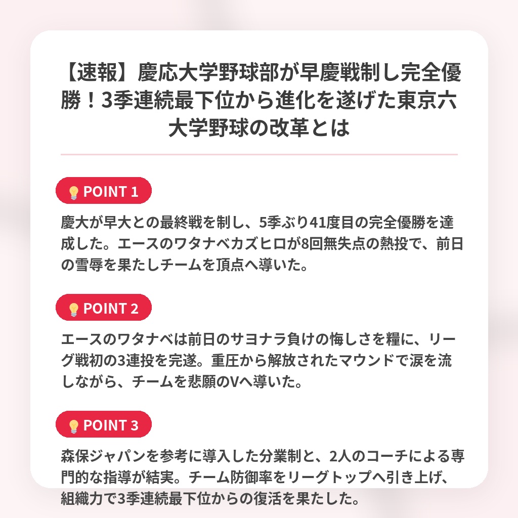 【速報】慶応大学野球部が早慶戦制し完全優勝！3季連続最下位から進化を遂げた東京六大学野球の改革とはの注目ポイントまとめ