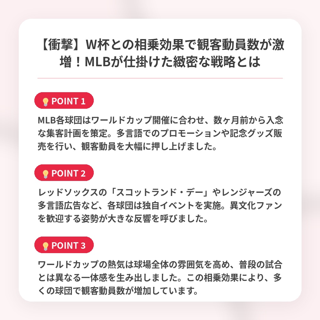 【衝撃】W杯との相乗効果で観客動員数が激増！MLBが仕掛けた緻密な戦略とはの注目ポイントまとめ