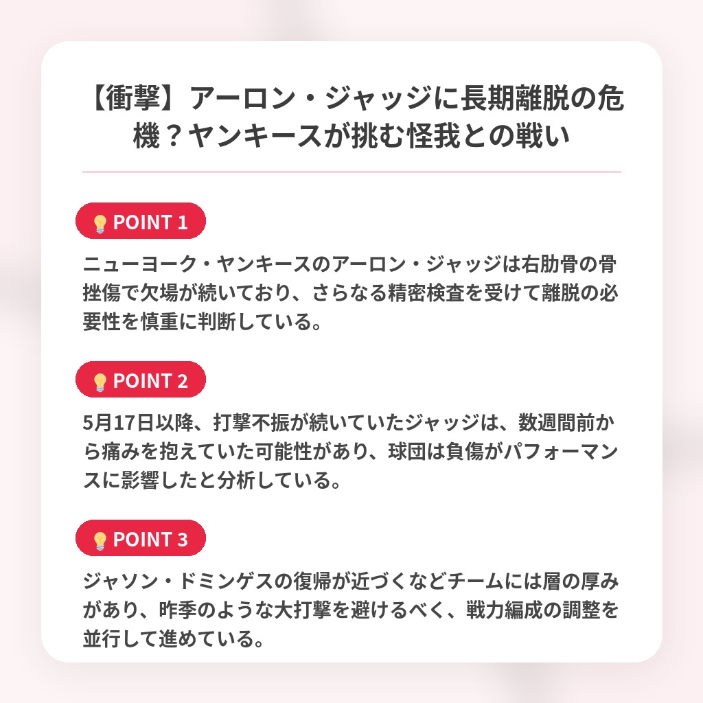 【衝撃】アーロン・ジャッジに長期離脱の危機？ヤンキースが挑む怪我との戦いの注目ポイントまとめ
