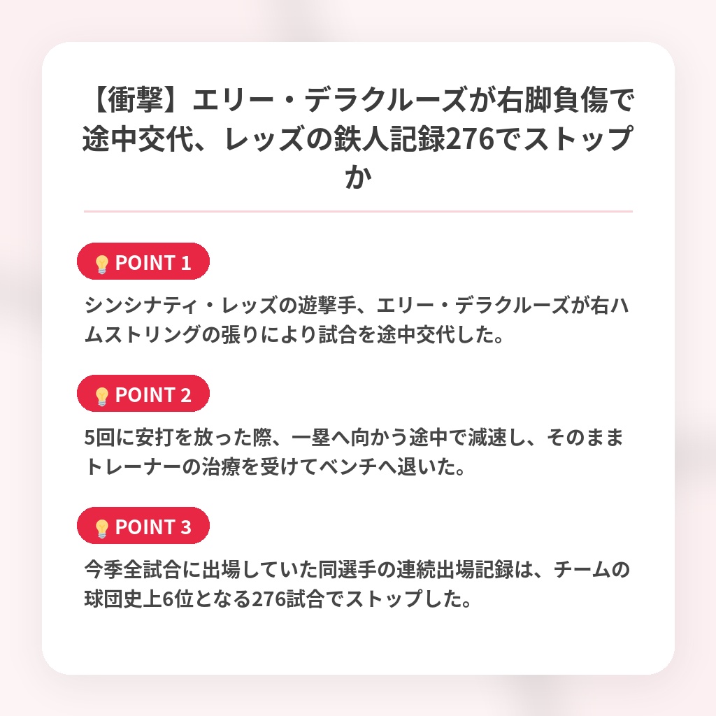 【衝撃】エリー・デラクルーズが右脚負傷で途中交代、レッズの鉄人記録276でストップかの注目ポイントまとめ
