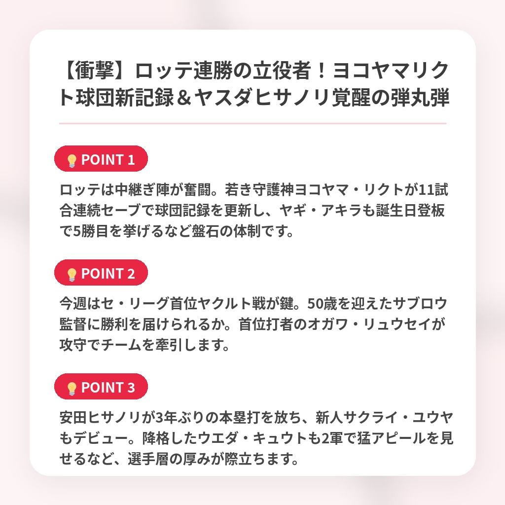 【衝撃】ロッテ連勝の立役者！ヨコヤマリクト球団新記録＆ヤスダヒサノリ覚醒の弾丸弾の注目ポイントまとめ