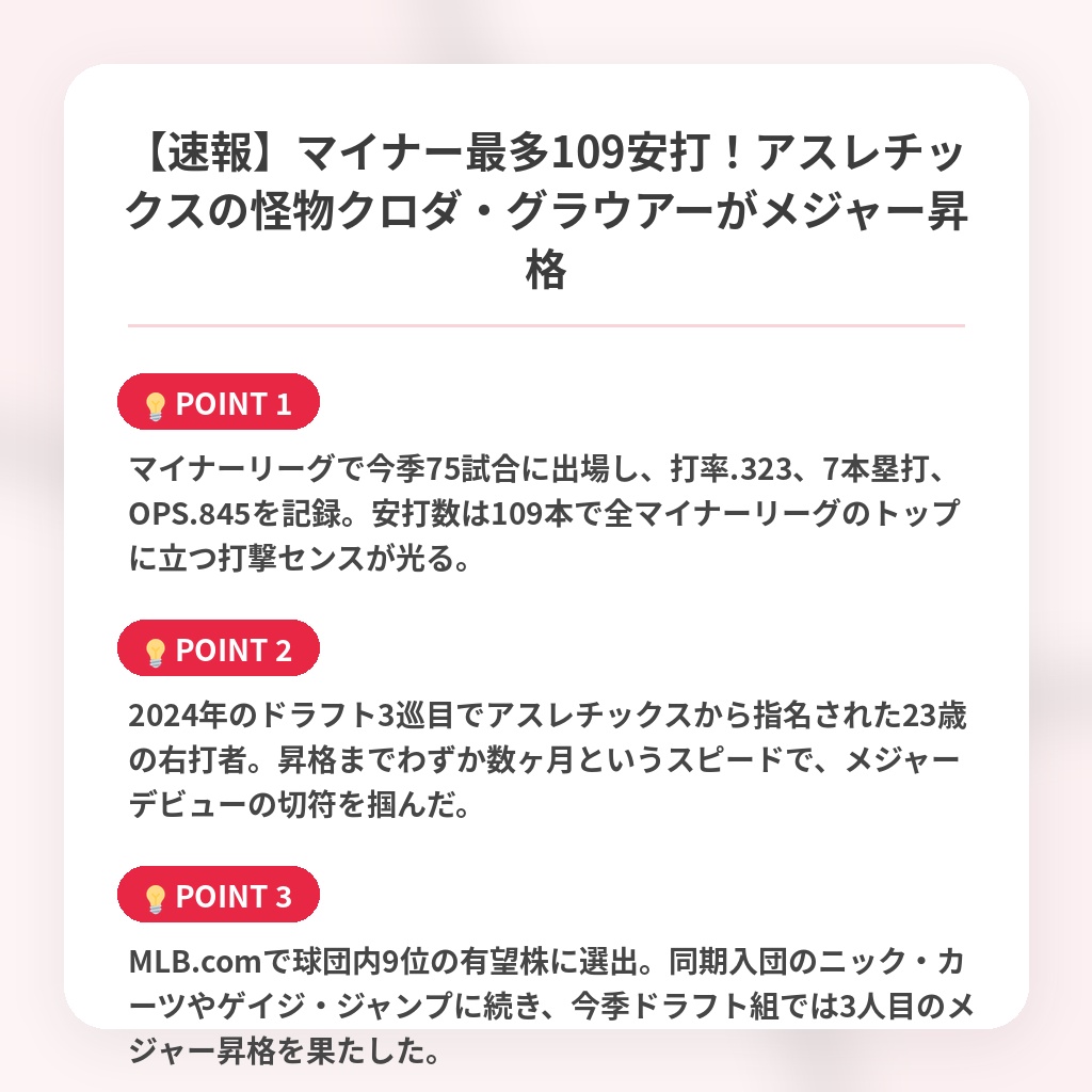 【速報】マイナー最多109安打！アスレチックスの怪物クロダ・グラウアーがメジャー昇格の注目ポイントまとめ