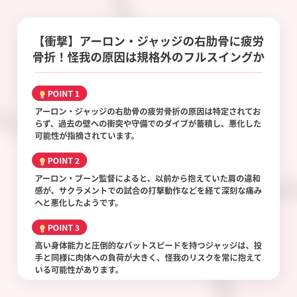 【衝撃】アーロン・ジャッジの右肋骨に疲労骨折！怪我の原因は規格外のフルスイングかの注目ポイントまとめ