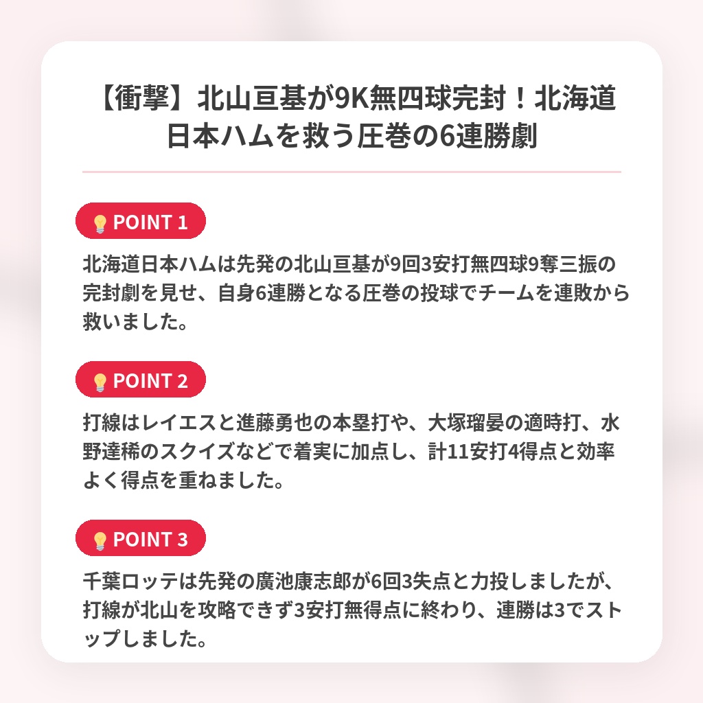 【衝撃】北山亘基が9K無四球完封！北海道日本ハムを救う圧巻の6連勝劇の注目ポイントまとめ