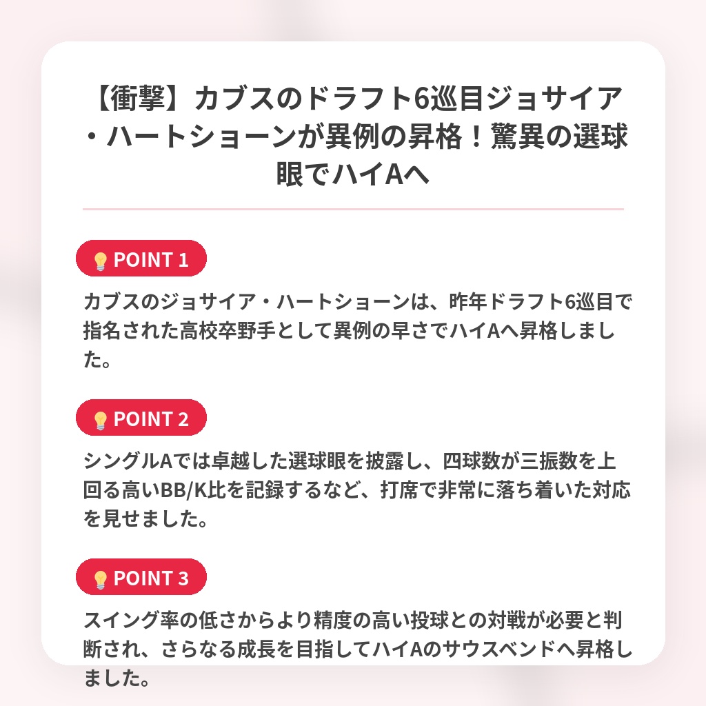 【衝撃】カブスのドラフト6巡目ジョサイア・ハートショーンが異例の昇格！驚異の選球眼でハイAへの注目ポイントまとめ