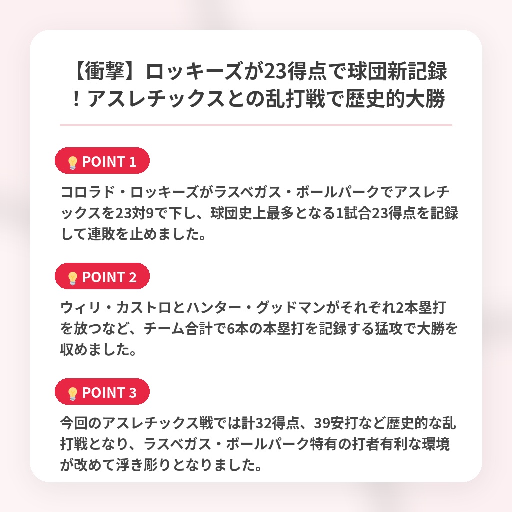 【衝撃】ロッキーズが23得点で球団新記録!アスレチックスとの乱打戦で歴史的大勝の注目ポイントまとめ