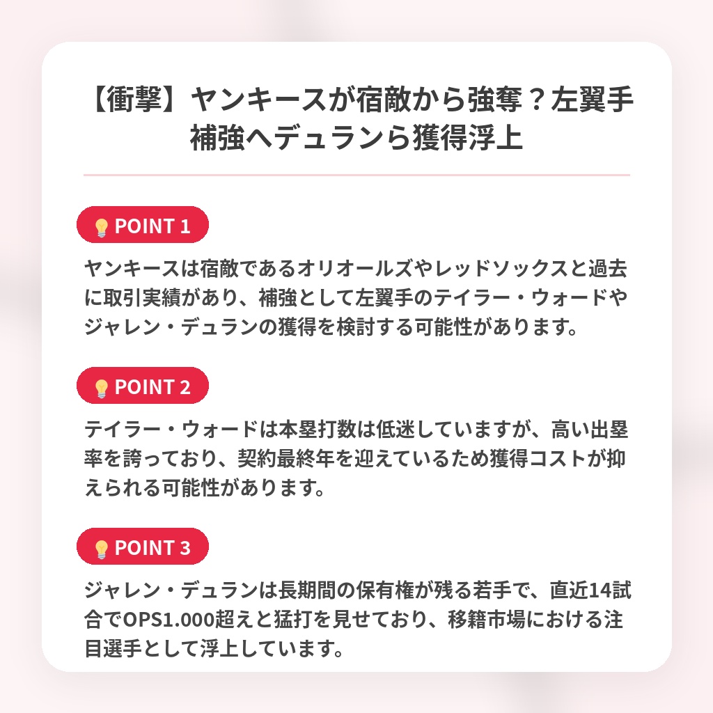 【衝撃】ヤンキースが宿敵から強奪?左翼手補強へデュランら獲得浮上の注目ポイントまとめ