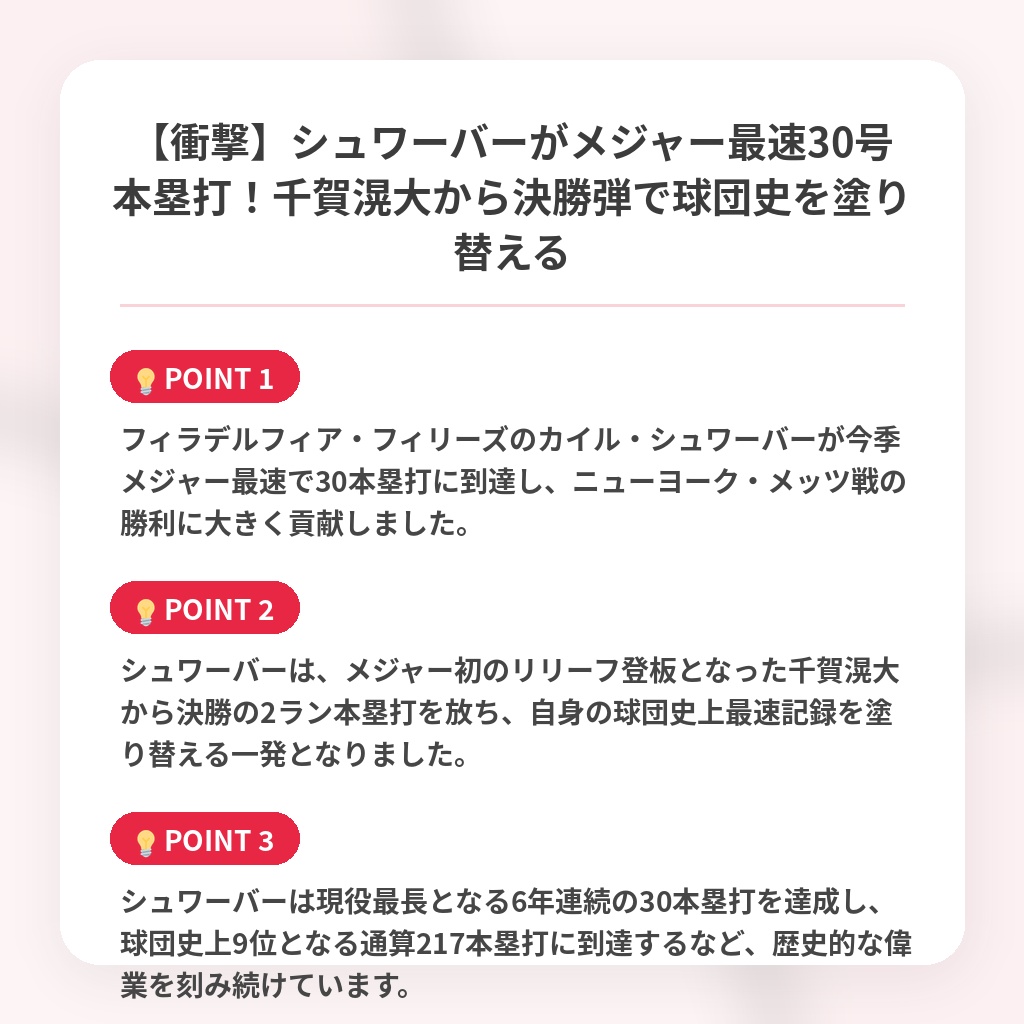 【衝撃】シュワーバーがメジャー最速30号本塁打！千賀滉大から決勝弾で球団史を塗り替えるの注目ポイントまとめ