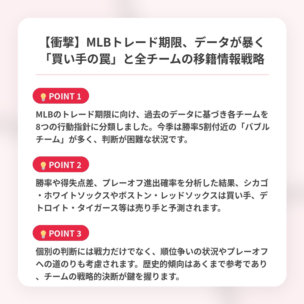 【衝撃】MLBトレード期限、データが暴く「買い手の罠」と全チームの移籍情報戦略の注目ポイントまとめ