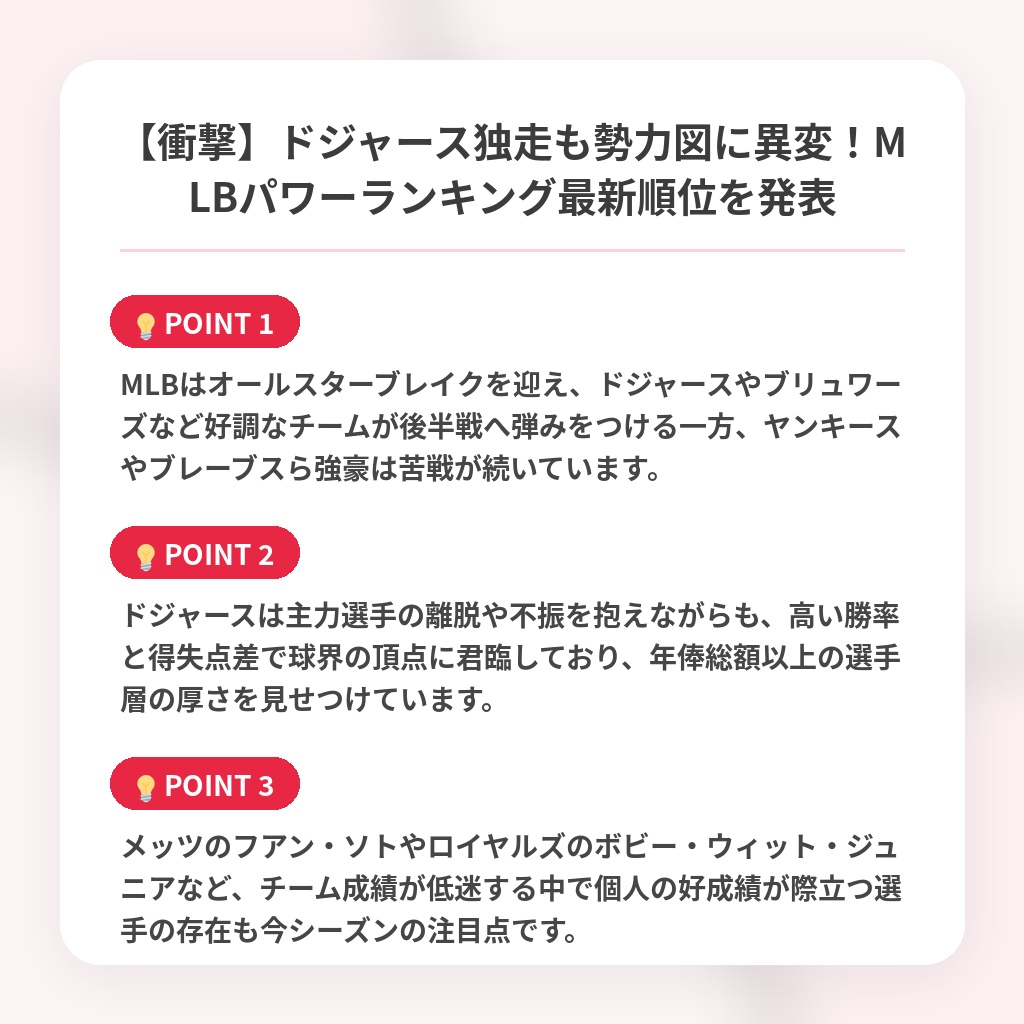 【衝撃】ドジャース独走も勢力図に異変!MLBパワーランキング最新順位を発表の注目ポイントまとめ