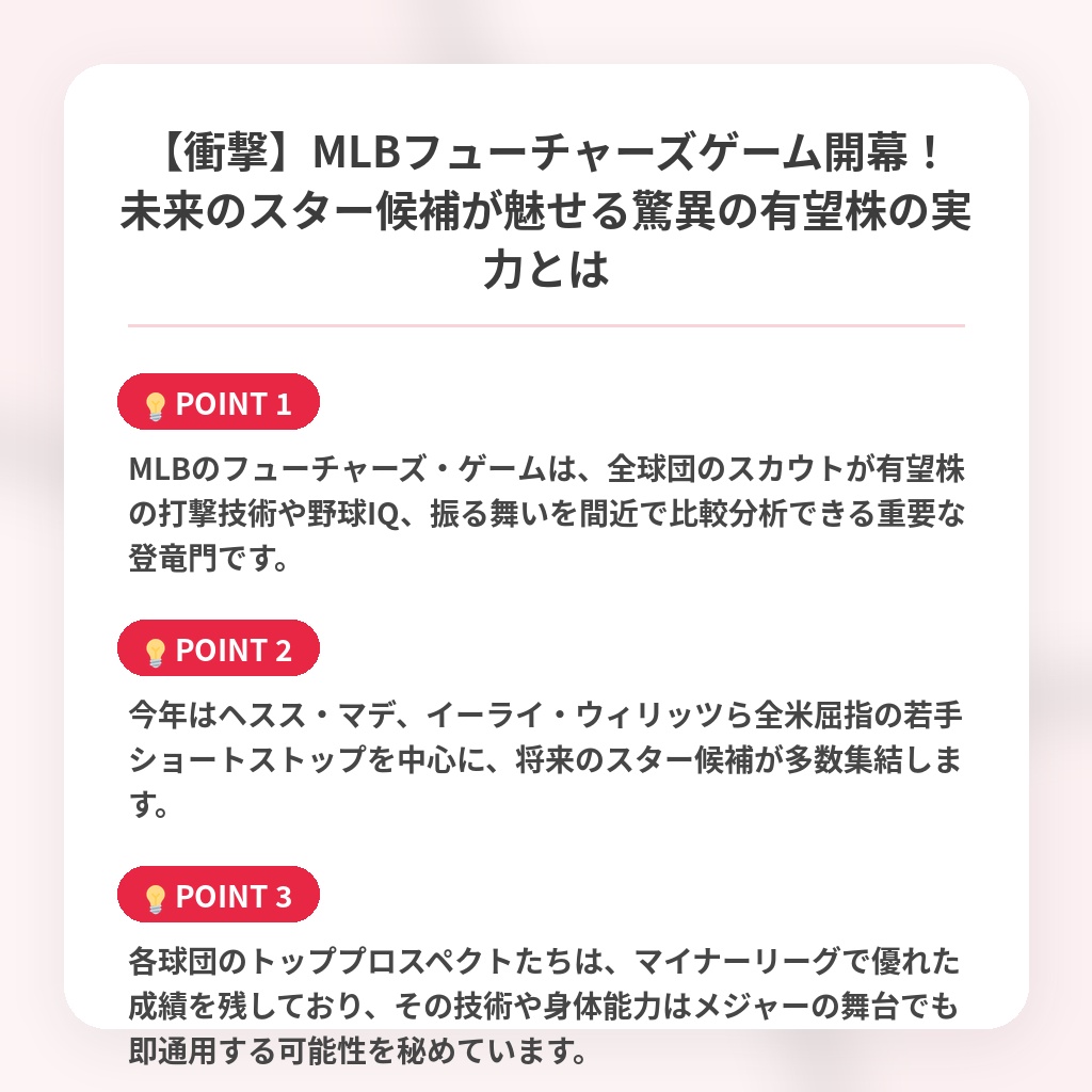 【衝撃】MLBフューチャーズゲーム開幕！未来のスター候補が魅せる驚異の有望株の実力とはの注目ポイントまとめ