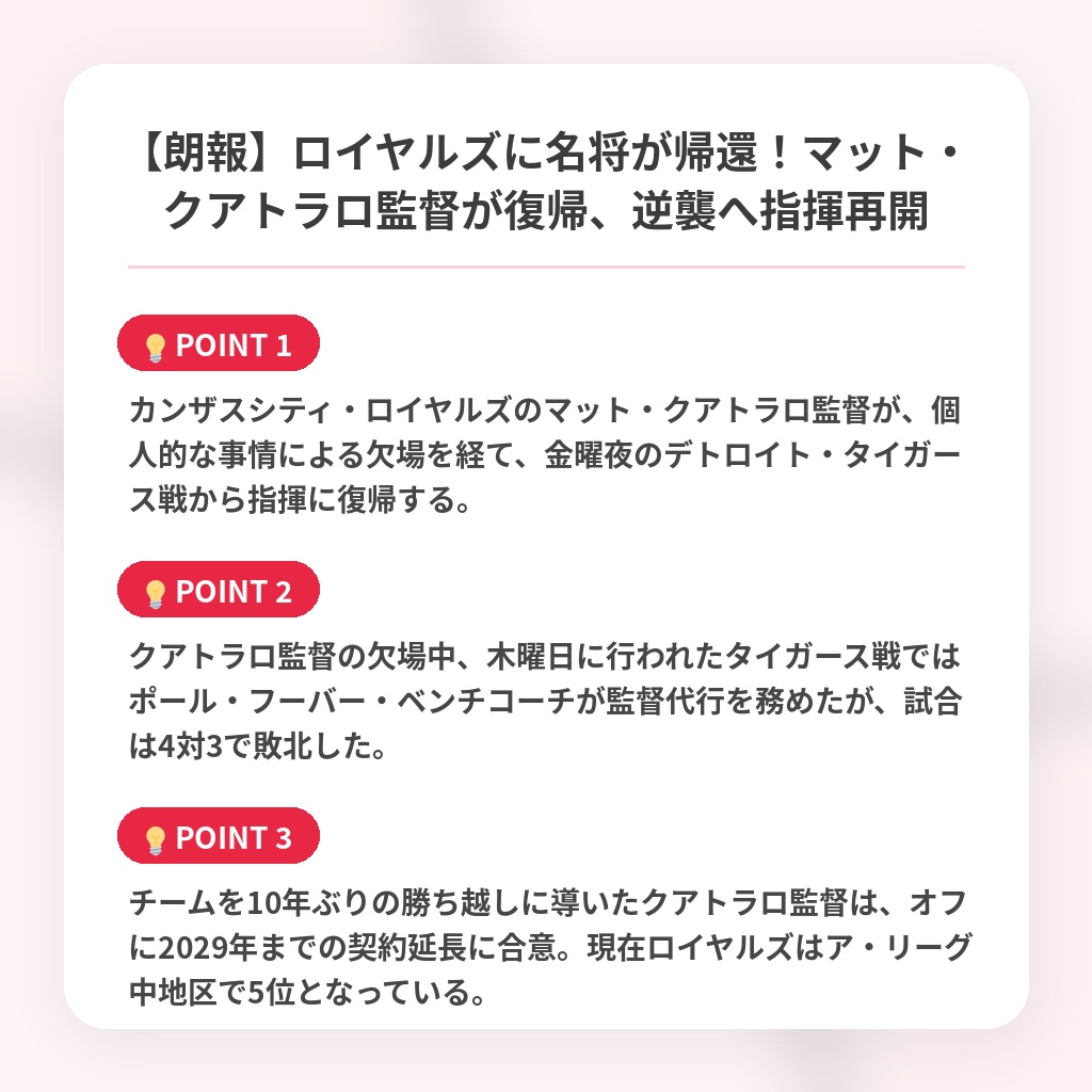 【朗報】ロイヤルズに名将が帰還！マット・クアトラロ監督が復帰、逆襲へ指揮再開の注目ポイントまとめ