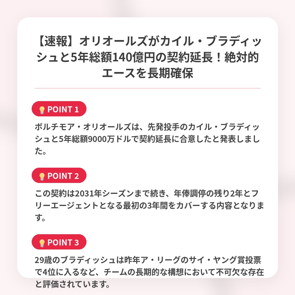 【速報】オリオールズがカイル・ブラディッシュと5年総額140億円の契約延長!絶対的エースを長期確保の注目ポイントまとめ