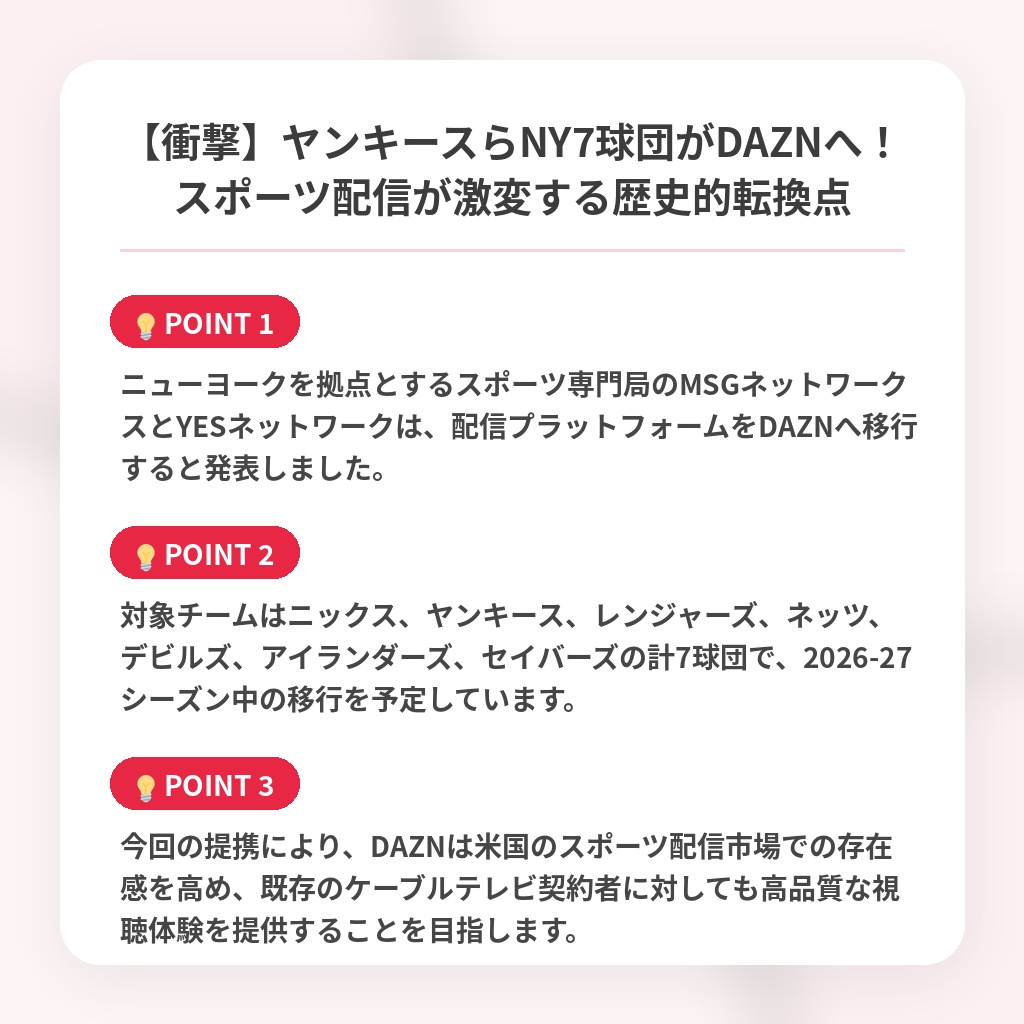 【衝撃】ヤンキースらNY7球団がDAZNへ！スポーツ配信が激変する歴史的転換点の注目ポイントまとめ