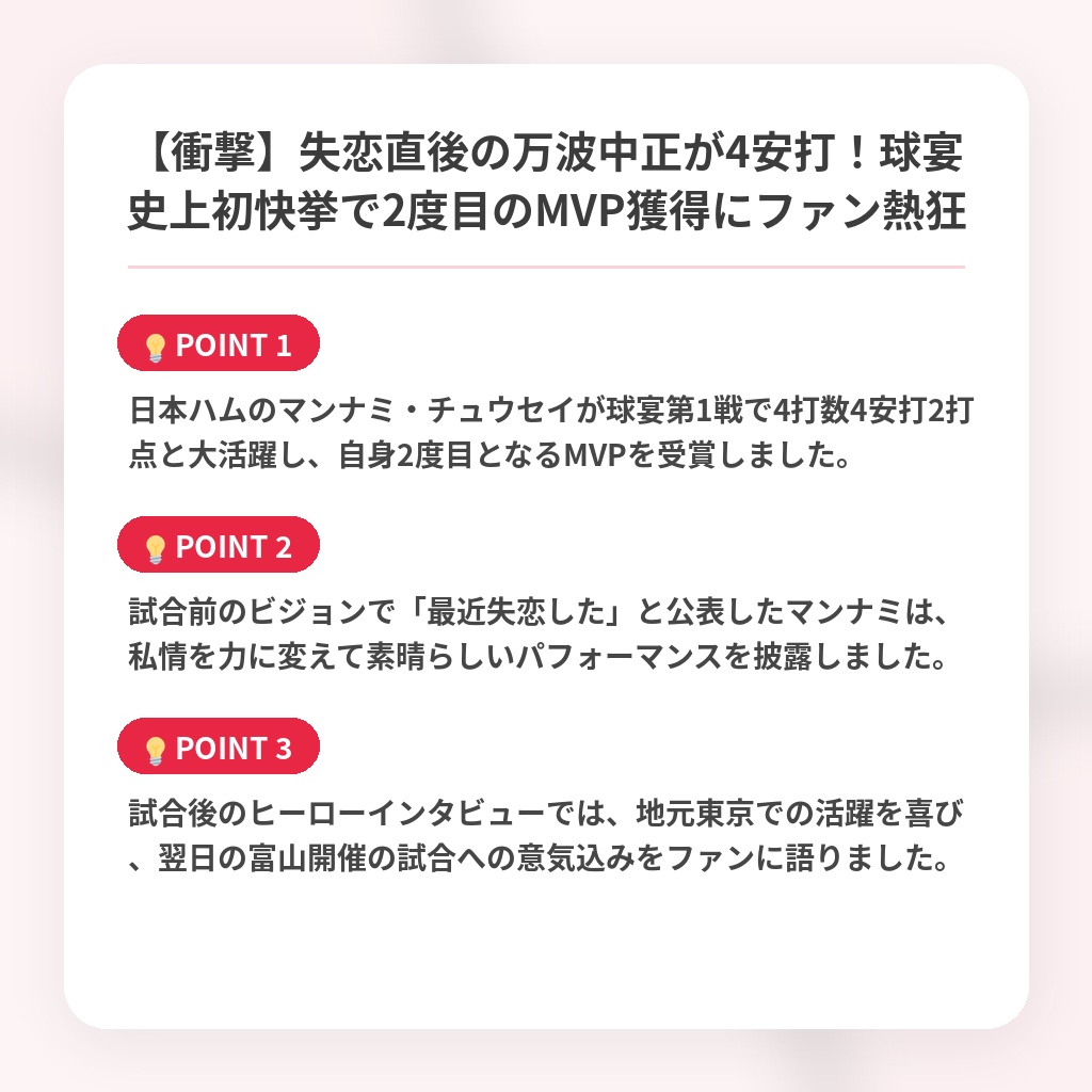 【衝撃】失恋直後の万波中正が4安打！球宴史上初快挙で2度目のMVP獲得にファン熱狂の注目ポイントまとめ