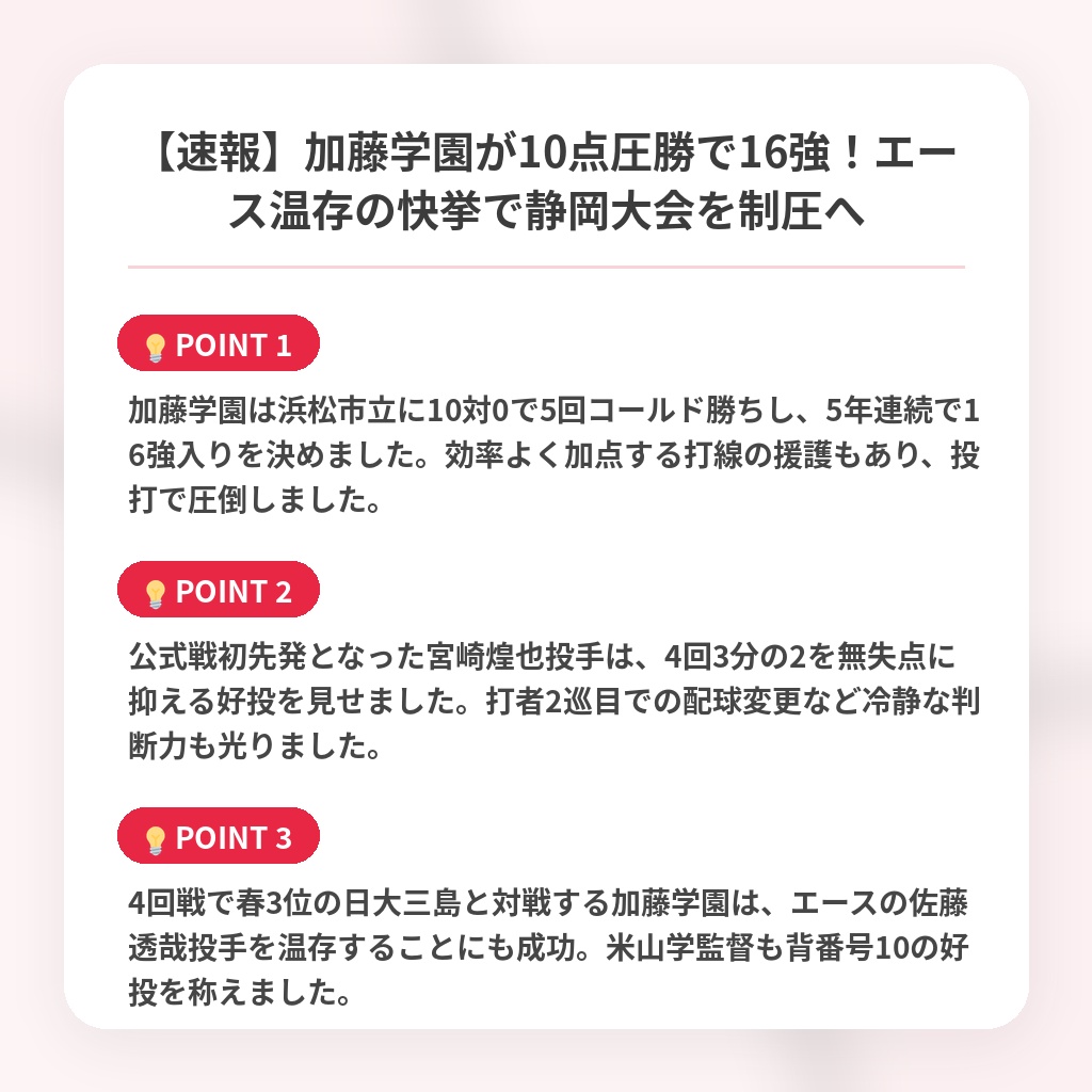 【速報】加藤学園が10点圧勝で16強!エース温存の快挙で静岡大会を制圧への注目ポイントまとめ