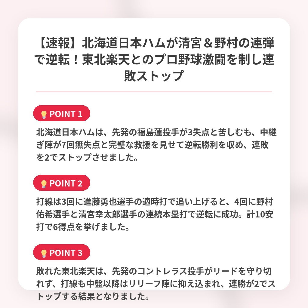 【速報】北海道日本ハムが清宮&野村の連弾で逆転!東北楽天とのプロ野球激闘を制し連敗ストップの注目ポイントまとめ