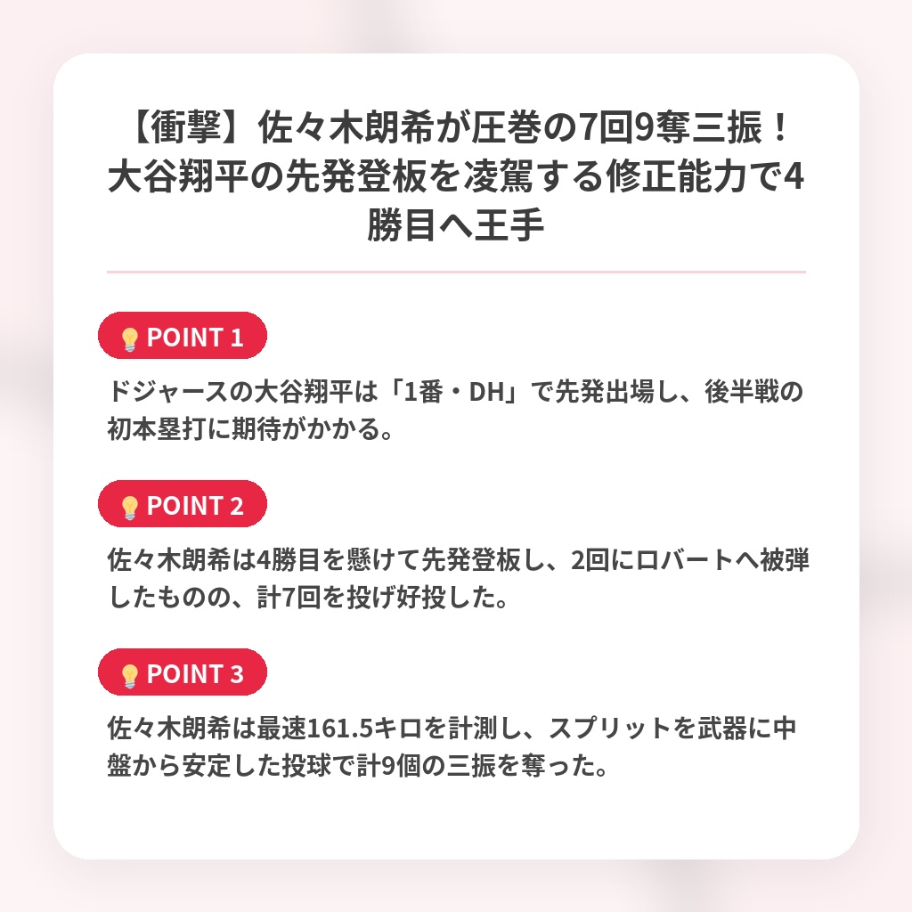 【衝撃】佐々木朗希が圧巻の7回9奪三振！大谷翔平の先発登板を凌駕する修正能力で4勝目へ王手の注目ポイントまとめ