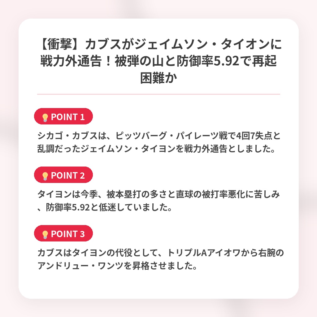 【衝撃】カブスがジェイムソン・タイオンに戦力外通告！被弾の山と防御率5.92で再起困難かの注目ポイントまとめ