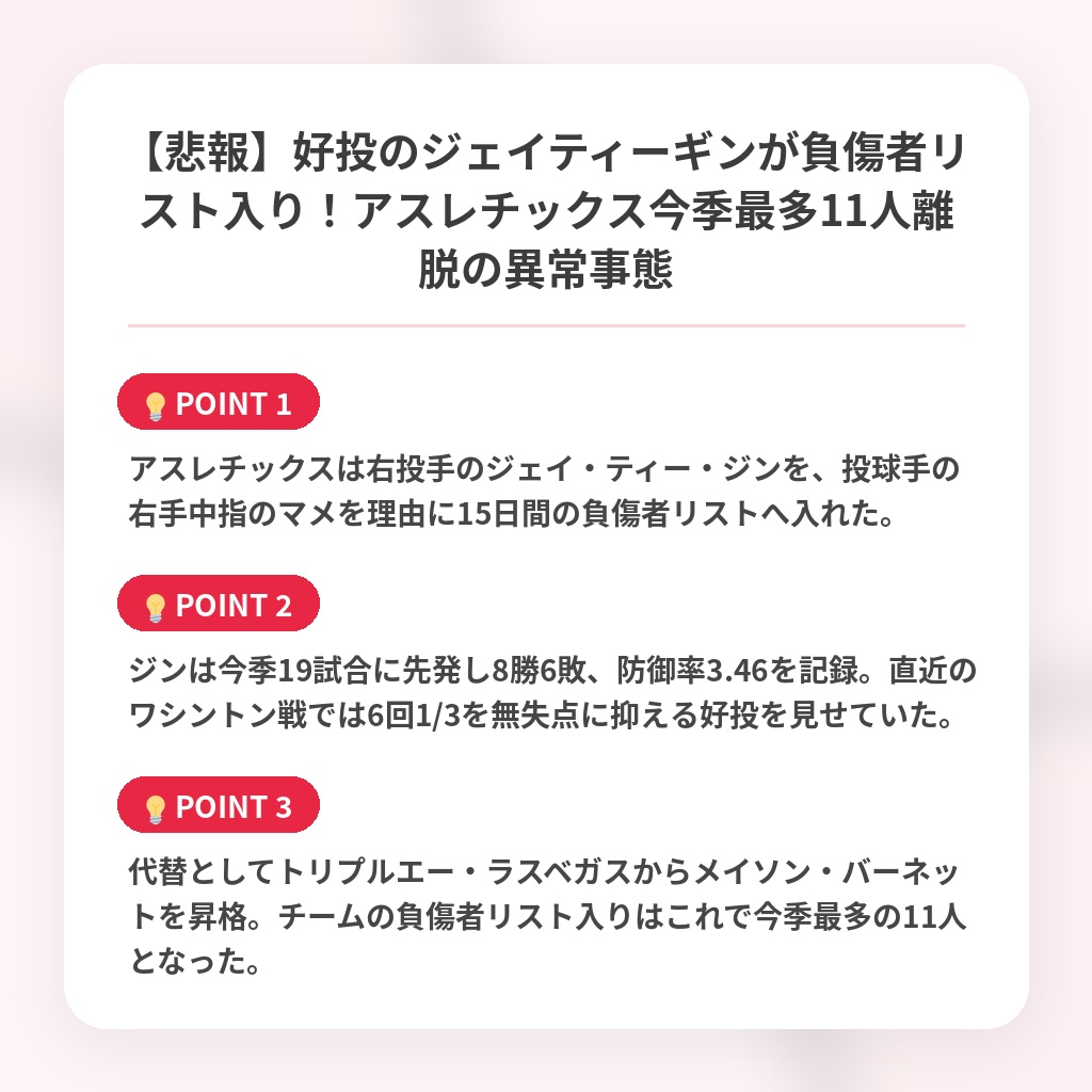 【悲報】好投のジェイティーギンが負傷者リスト入り！アスレチックス今季最多11人離脱の異常事態の注目ポイントまとめ