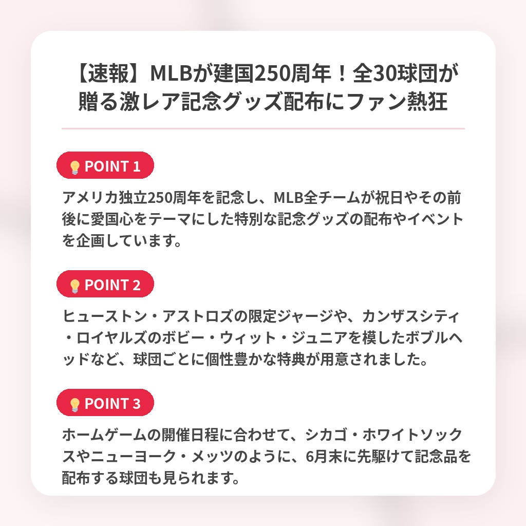 【速報】MLBが建国250周年!全30球団が贈る激レア記念グッズ配布にファン熱狂の注目ポイントまとめ
