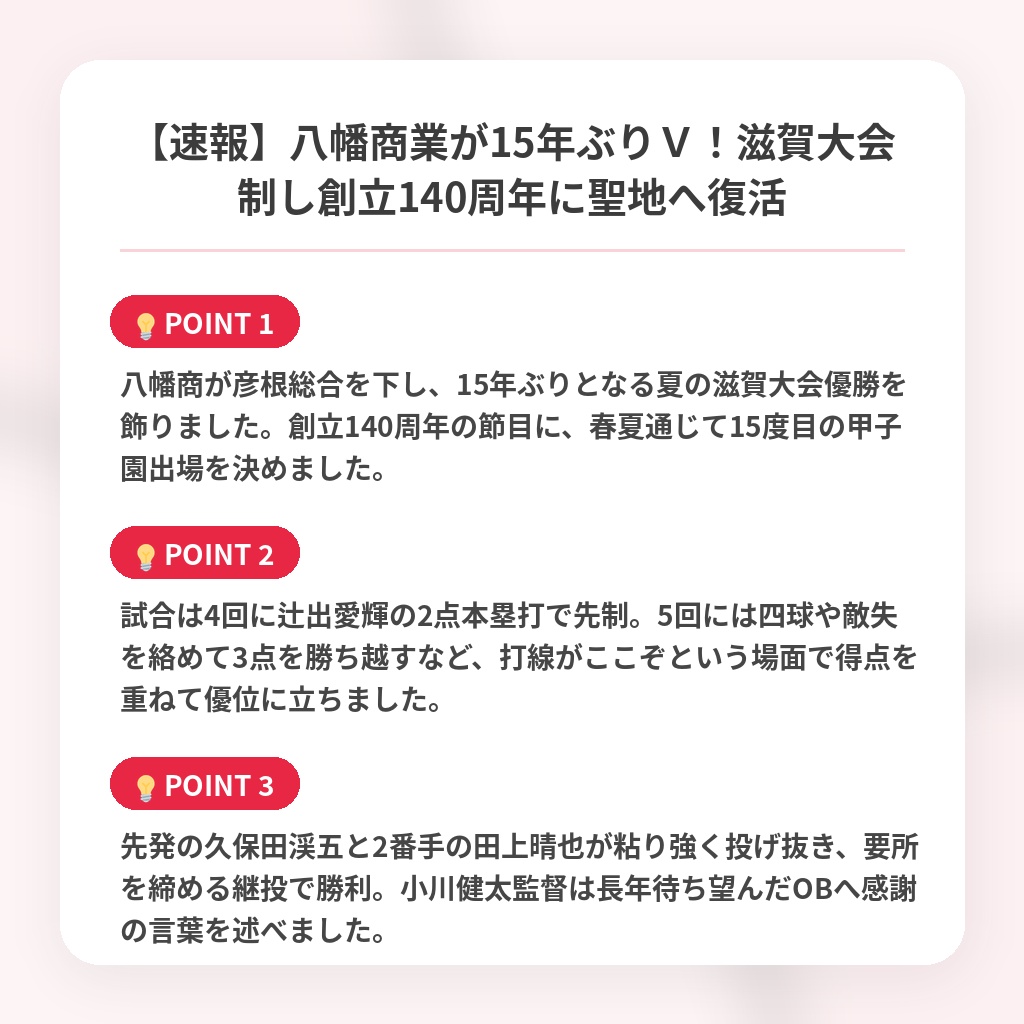 【速報】八幡商業が15年ぶりＶ！滋賀大会制し創立140周年に聖地へ復活の注目ポイントまとめ