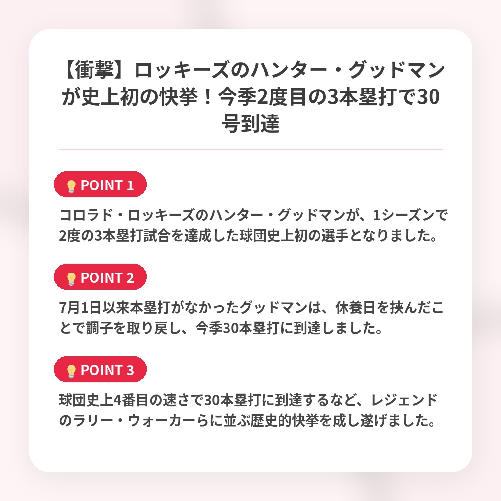 【衝撃】ロッキーズのハンター・グッドマンが史上初の快挙!今季2度目の3本塁打で30号到達の注目ポイントまとめ
