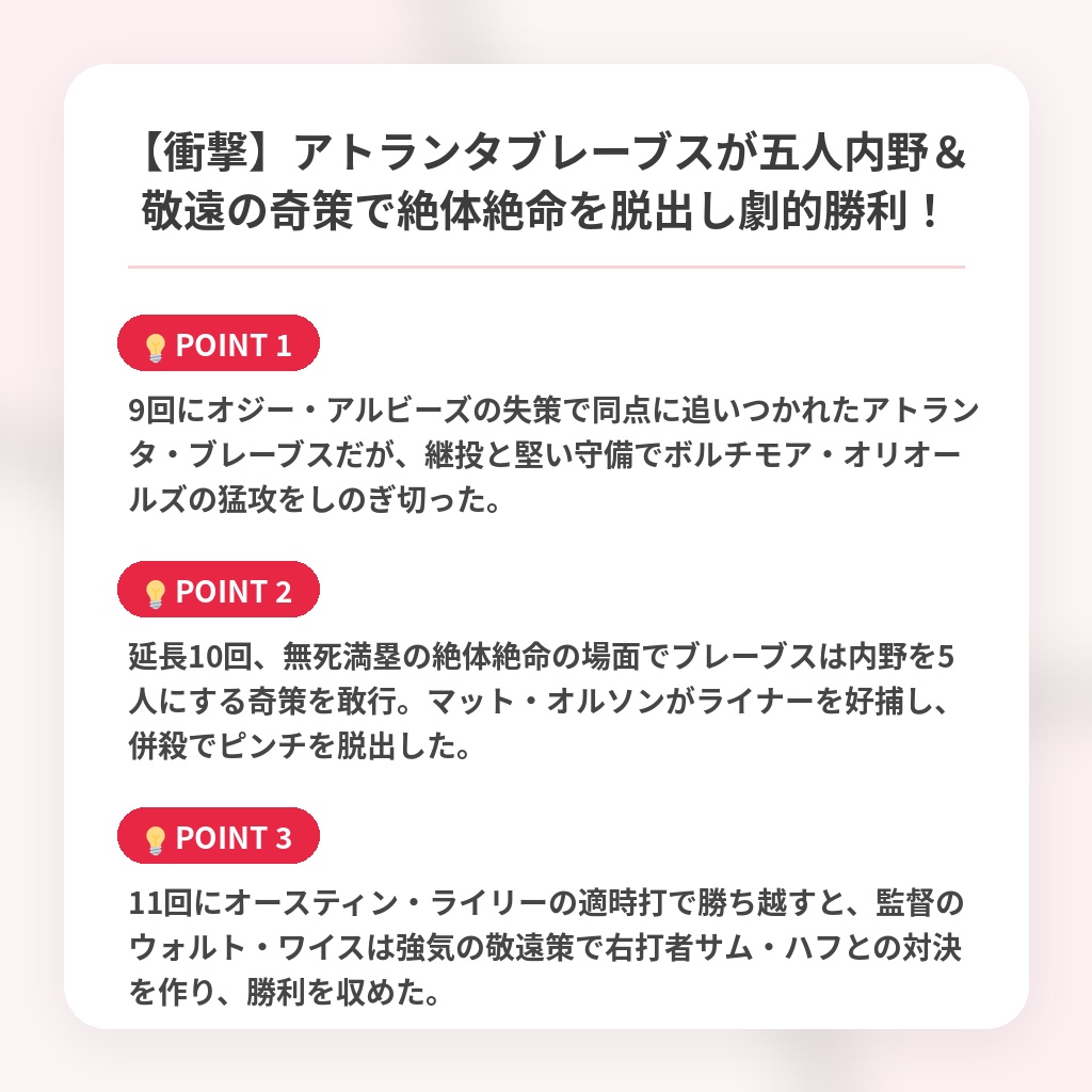 【衝撃】アトランタブレーブスが五人内野＆敬遠の奇策で絶体絶命を脱出し劇的勝利！の注目ポイントまとめ