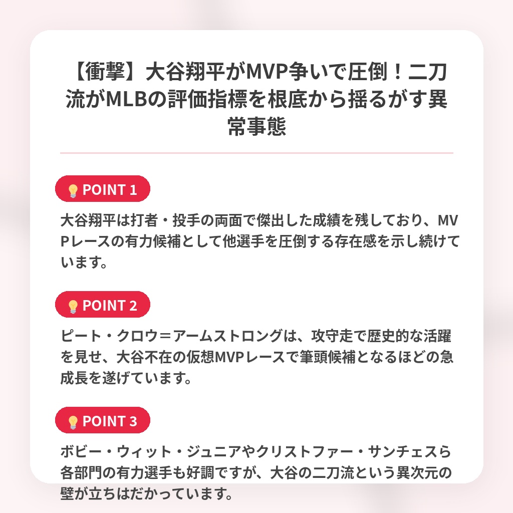【衝撃】大谷翔平がMVP争いで圧倒！二刀流がMLBの評価指標を根底から揺るがす異常事態の注目ポイントまとめ