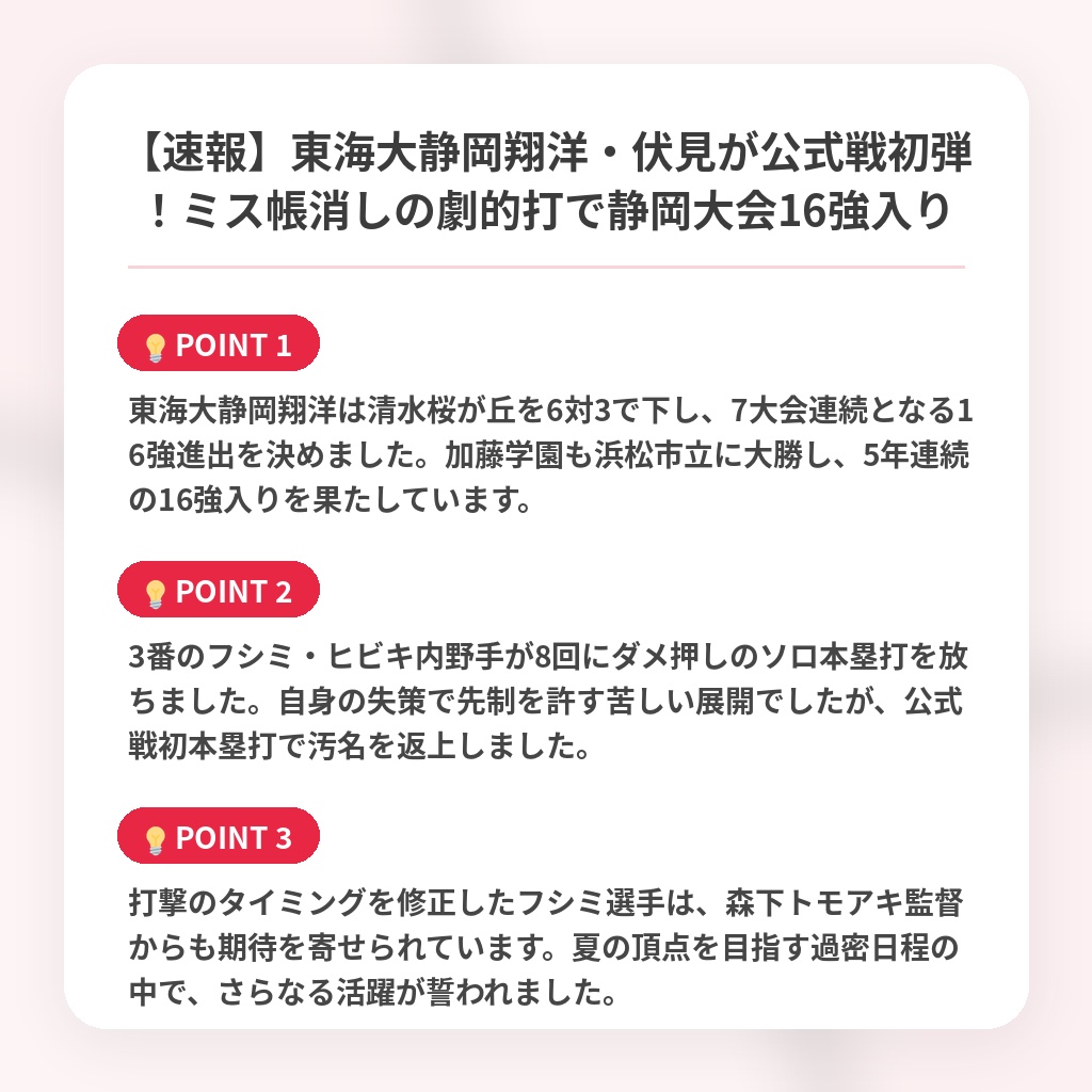 【速報】東海大静岡翔洋・伏見が公式戦初弾!ミス帳消しの劇的打で静岡大会16強入りの注目ポイントまとめ