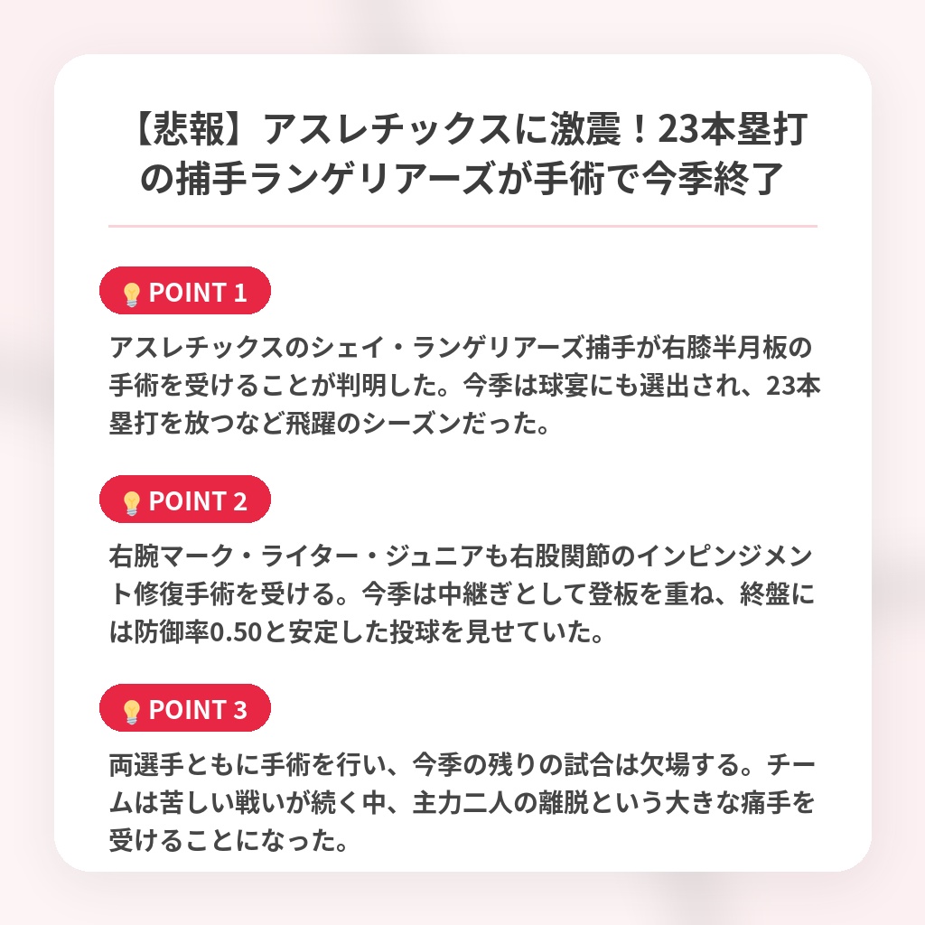 【悲報】アスレチックスに激震！23本塁打の捕手ランゲリアーズが手術で今季終了の注目ポイントまとめ
