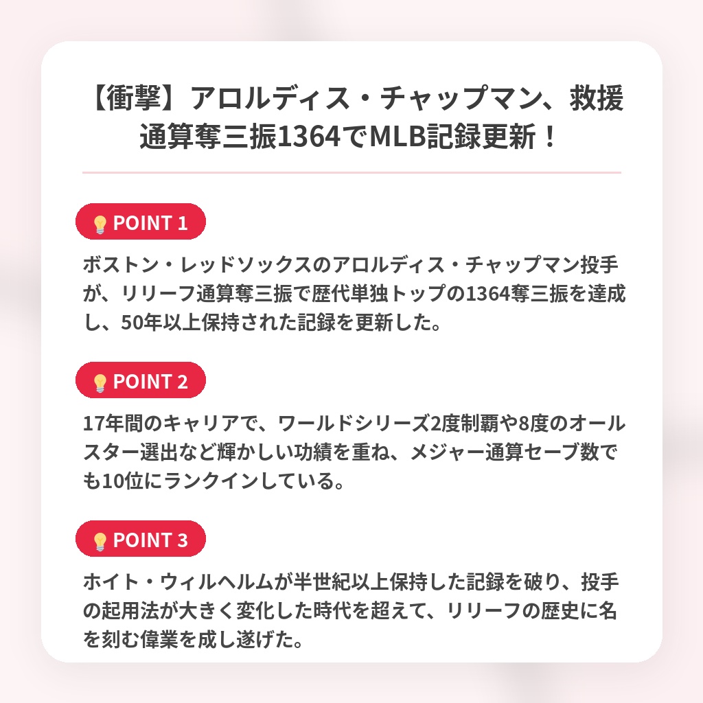 【衝撃】アロルディス・チャップマン、救援通算奪三振1364でMLB記録更新!の注目ポイントまとめ