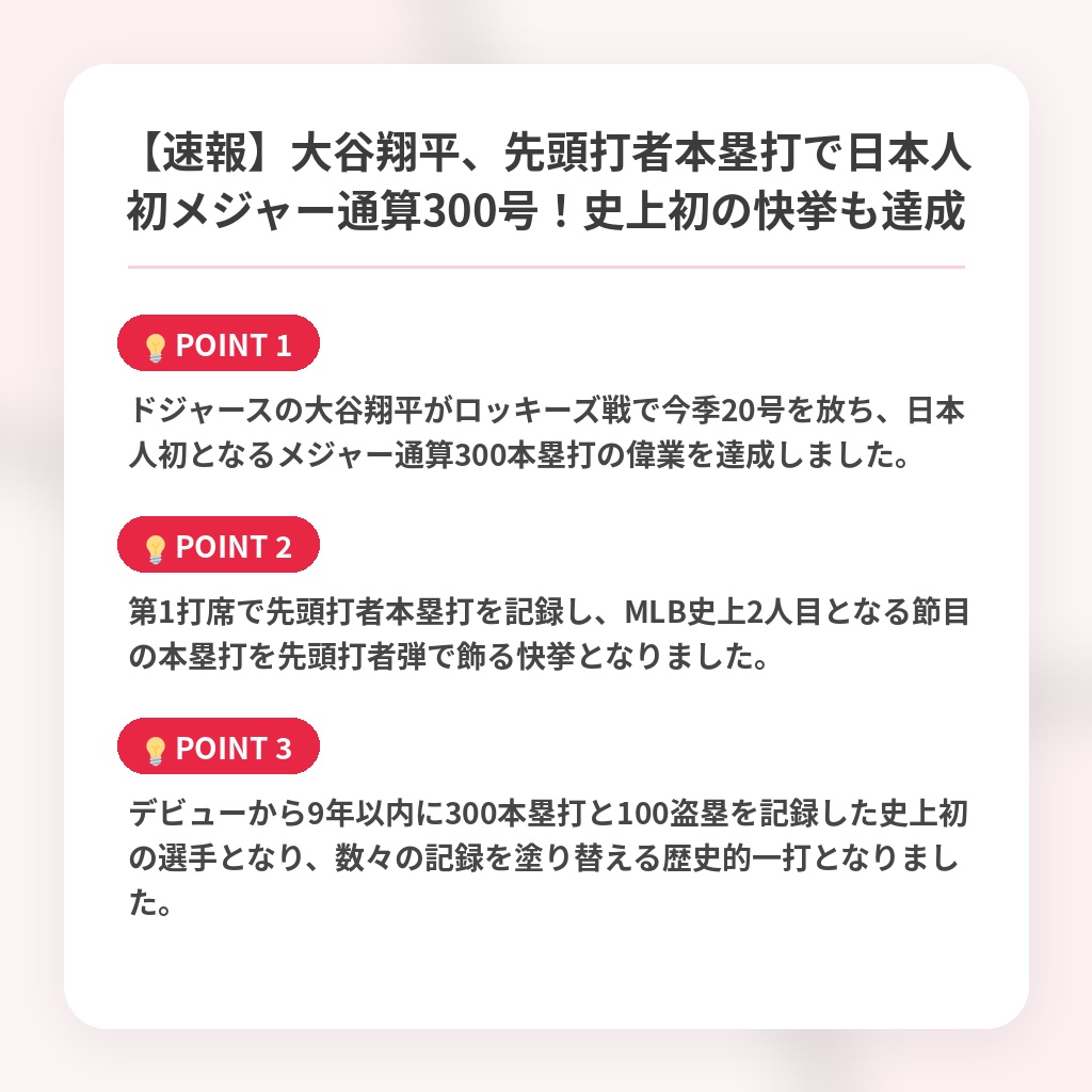 【速報】大谷翔平、先頭打者本塁打で日本人初メジャー通算300号！史上初の快挙も達成の注目ポイントまとめ