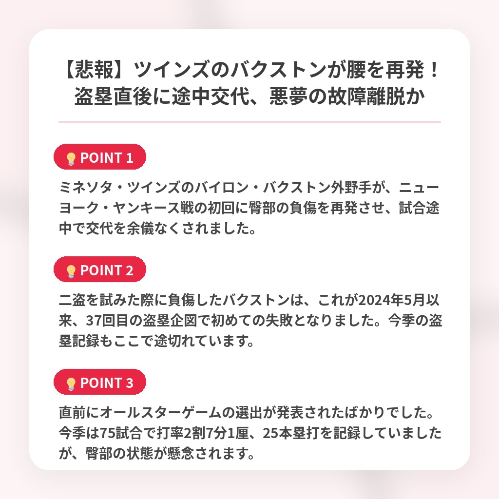 【悲報】ツインズのバクストンが腰を再発！盗塁直後に途中交代、悪夢の故障離脱かの注目ポイントまとめ