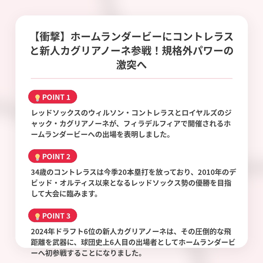 【衝撃】ホームランダービーにコントレラスと新人カグリアノーネ参戦!規格外パワーの激突への注目ポイントまとめ