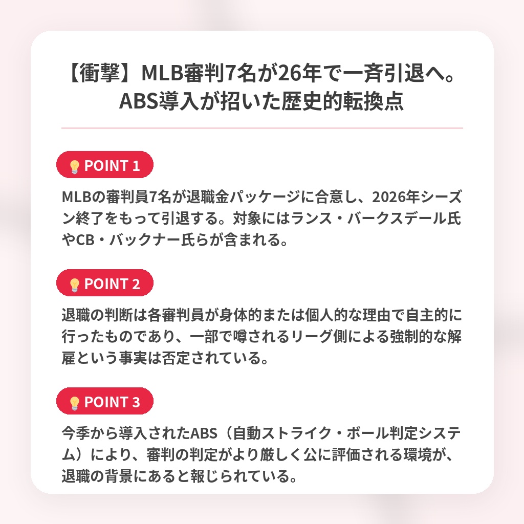 【衝撃】MLB審判7名が26年で一斉引退へ。ABS導入が招いた歴史的転換点の注目ポイントまとめ