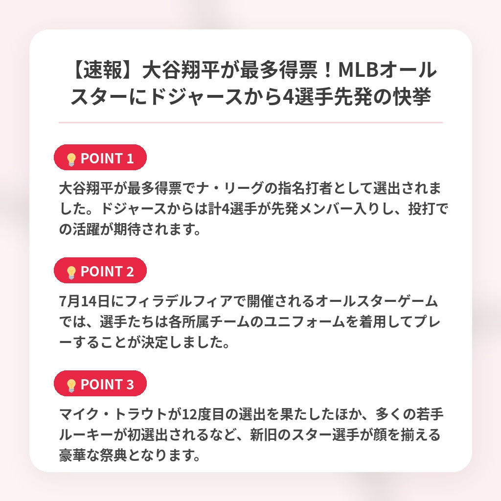 【速報】大谷翔平が最多得票！MLBオールスターにドジャースから4選手先発の快挙の注目ポイントまとめ