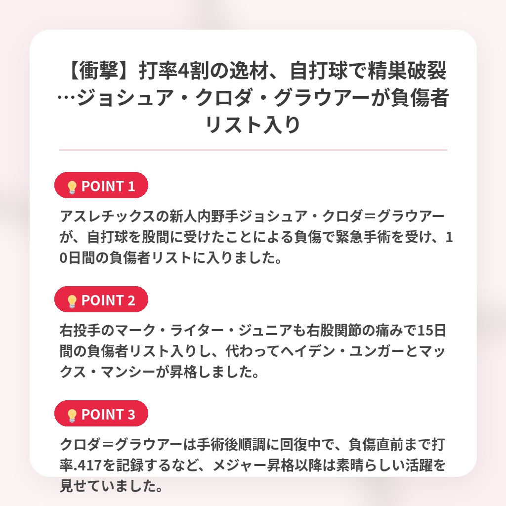 【衝撃】打率4割の逸材、自打球で精巣破裂…ジョシュア・クロダ・グラウアーが負傷者リスト入りの注目ポイントまとめ