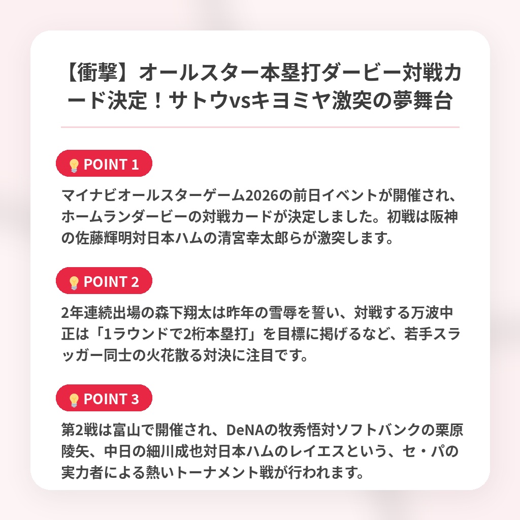 【衝撃】オールスター本塁打ダービー対戦カード決定！サトウvsキヨミヤ激突の夢舞台の注目ポイントまとめ