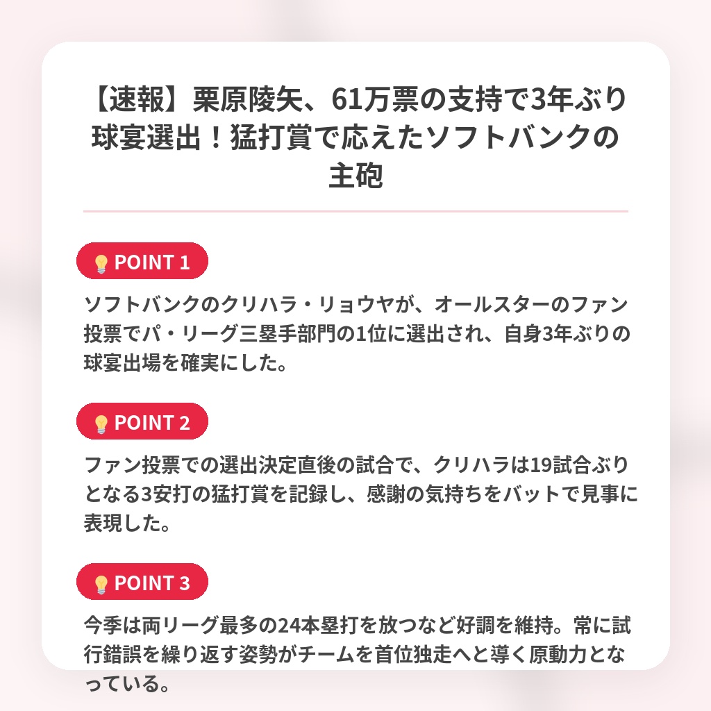 【速報】栗原陵矢、61万票の支持で3年ぶり球宴選出！猛打賞で応えたソフトバンクの主砲の注目ポイントまとめ