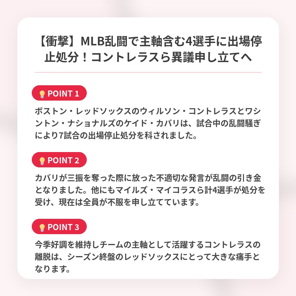 【衝撃】MLB乱闘で主軸含む4選手に出場停止処分!コントレラスら異議申し立てへの注目ポイントまとめ