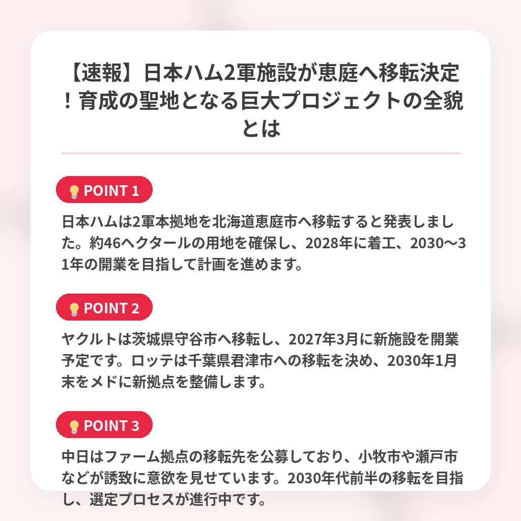 【速報】日本ハム2軍施設が恵庭へ移転決定!育成の聖地となる巨大プロジェクトの全貌とはの注目ポイントまとめ
