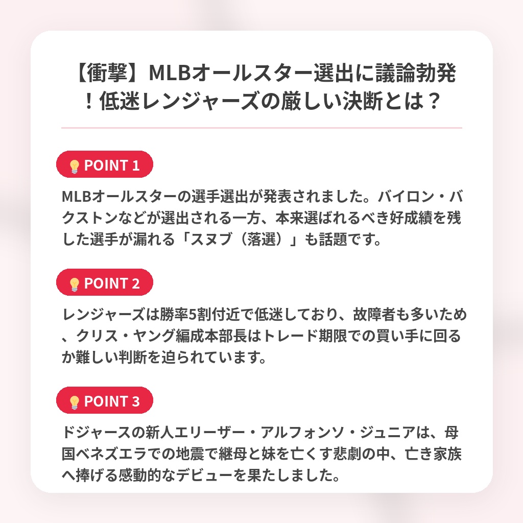【衝撃】MLBオールスター選出に議論勃発!低迷レンジャーズの厳しい決断とは?の注目ポイントまとめ