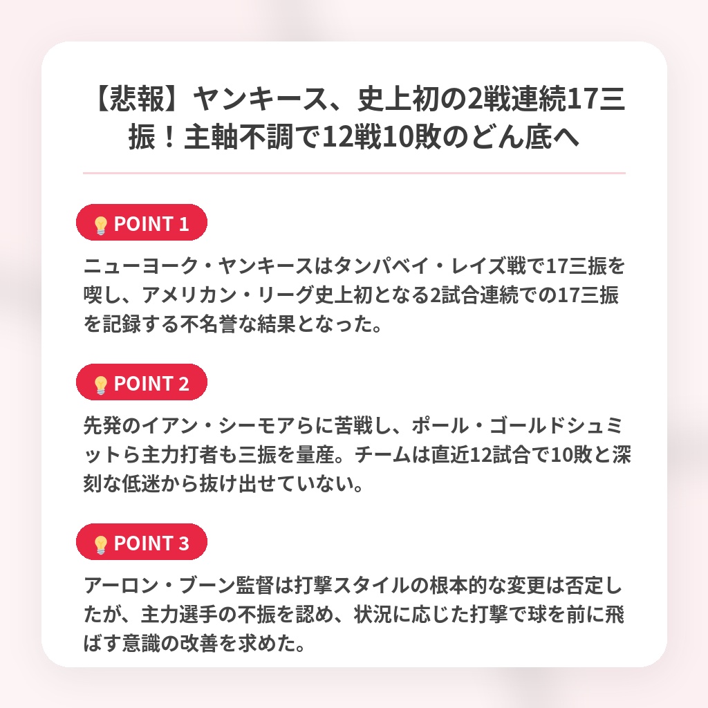 【悲報】ヤンキース、史上初の2戦連続17三振!主軸不調で12戦10敗のどん底への注目ポイントまとめ