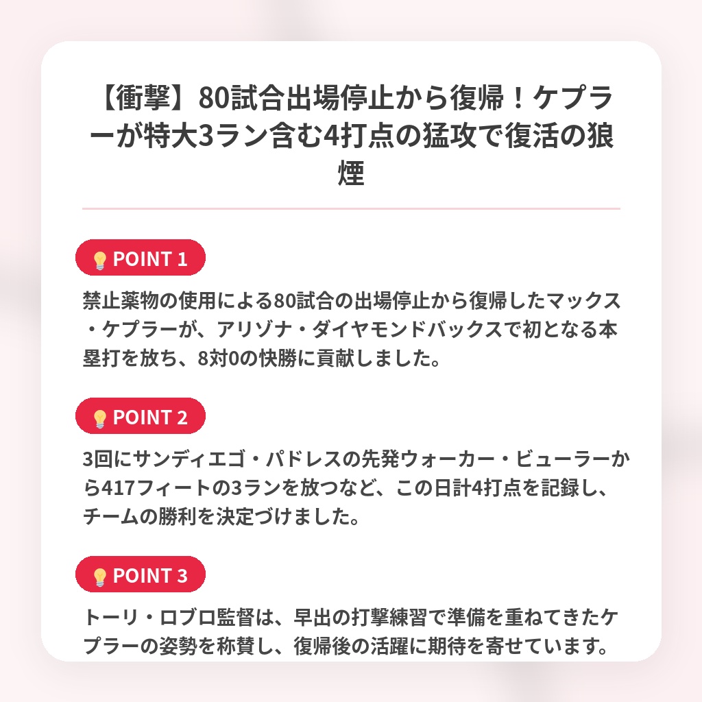【衝撃】80試合出場停止から復帰！ケプラーが特大3ラン含む4打点の猛攻で復活の狼煙の注目ポイントまとめ