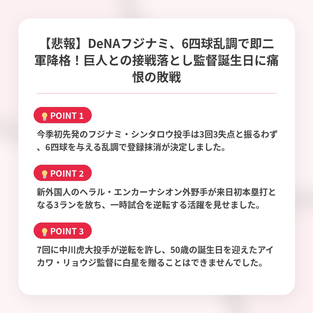【悲報】DeNAフジナミ、6四球乱調で即二軍降格!巨人との接戦落とし監督誕生日に痛恨の敗戦の注目ポイントまとめ