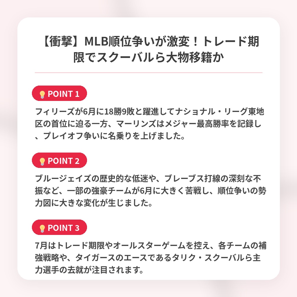【衝撃】MLB順位争いが激変!トレード期限でスクーバルら大物移籍かの注目ポイントまとめ