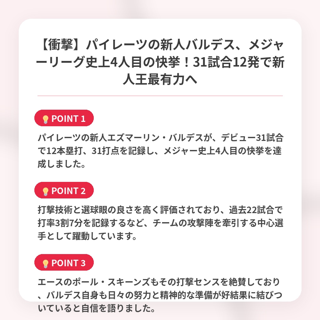 【衝撃】パイレーツの新人バルデス、メジャーリーグ史上4人目の快挙!31試合12発で新人王最有力への注目ポイントまとめ