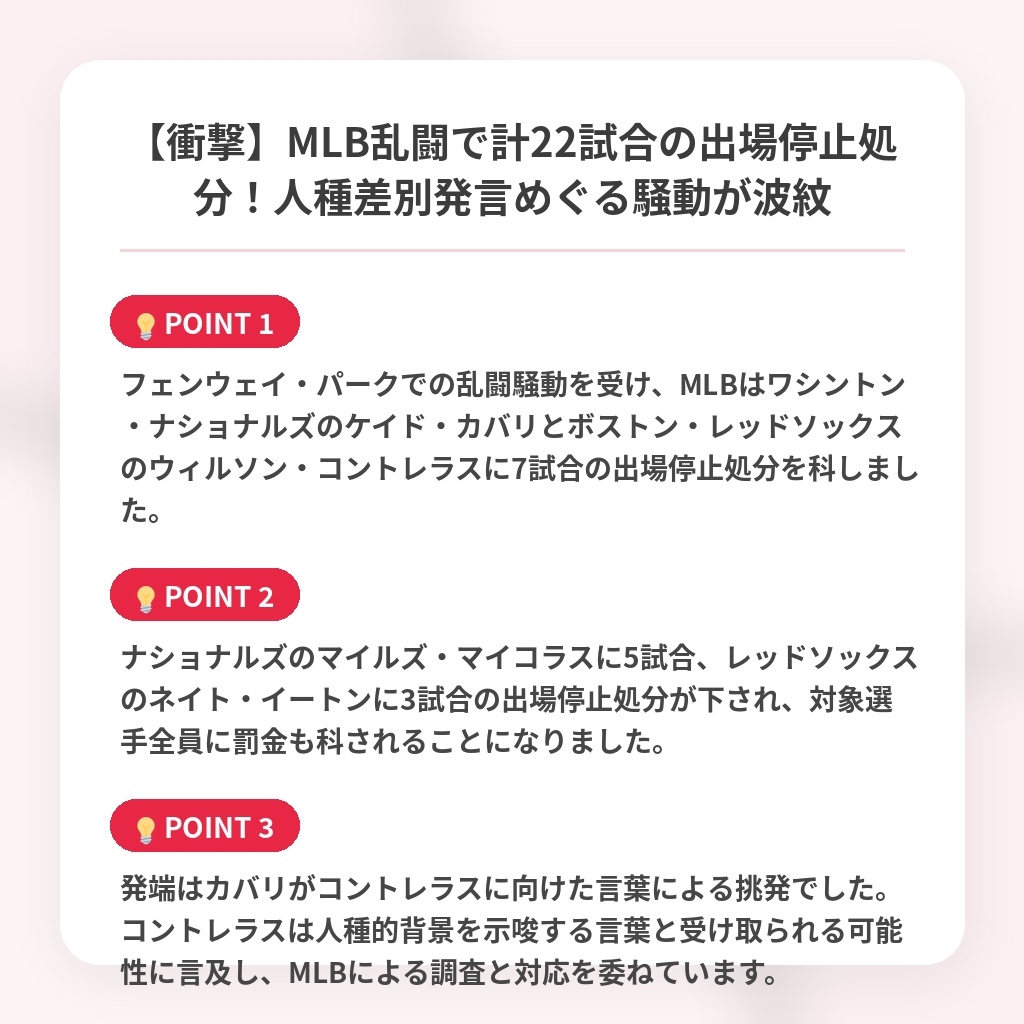【衝撃】MLB乱闘で計22試合の出場停止処分！人種差別発言めぐる騒動が波紋の注目ポイントまとめ
