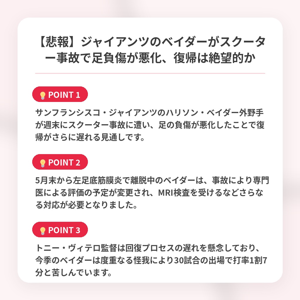 【悲報】ジャイアンツのベイダーがスクーター事故で足負傷が悪化、復帰は絶望的かの注目ポイントまとめ